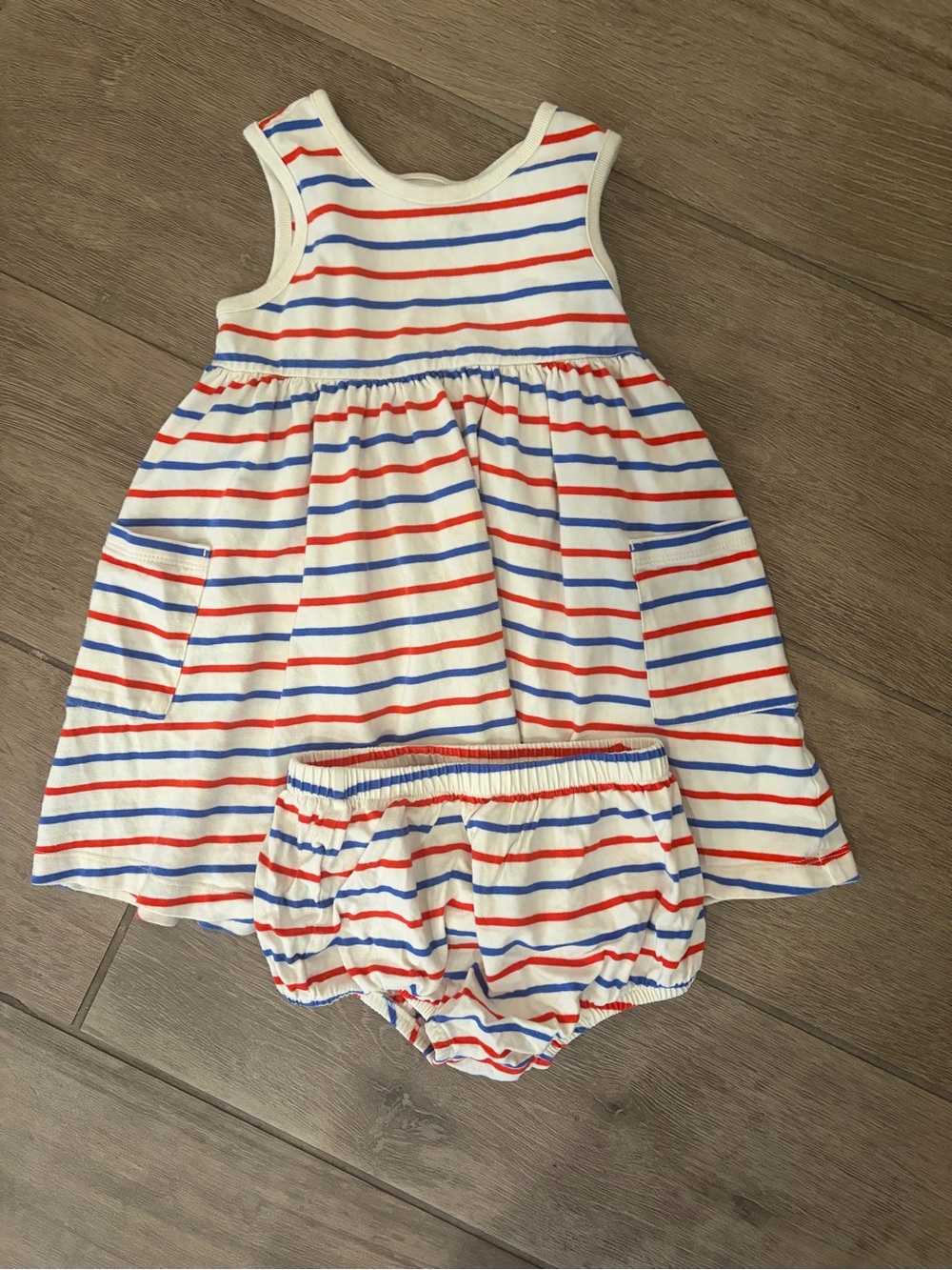 Hanna Andersson White Dress with Red & Blue Stripes and Matching Bloomers
